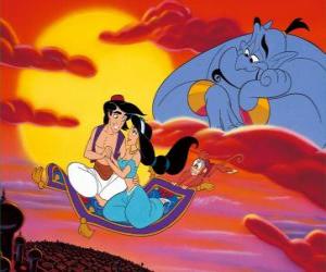 Puzzle Aladdin et Jasmine amoureux sur le tapis volant 