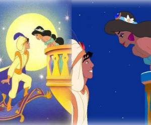 Puzzle Aladdin sur tapis volant parle avec Jasmine à la lumière de la pleine lune