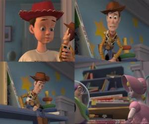 Puzzle Andy casse accidentellement le bras de Woody comme il a joué avant son départ, laissant Woody gauche sur une étagère