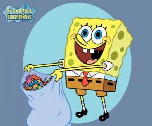 Puzzle Bob l'éponge avec un sac de bonbons