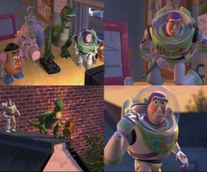 Puzzle Buzz recrute Monsieur Patate, Slinky Dog, Rex et Hamm pour sortir et de sauvetage avant le retour de Woody Andy.