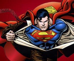 Puzzle Clark Kent devient Superman avec son uniforme rouge et bleu à se battre pour la justice
