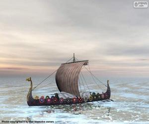 Puzzle Drakkar ou navire viking avec tous les rameurs en action et le voile gonflée par le vent