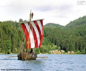 Puzzle Drakkar ou navire viking avec tous les rameurs en action et le voile gonflée par le vent
