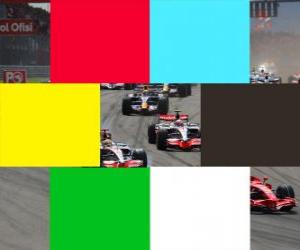 Puzzle En F1 les drapeaux par la couleur indiquée: rouge, les interruptions de carrière, bleu, pilote d'alerte à un tour, le jaune, le danger, noir, conducteur exclu, le vert, donc danger, blanc, véhicule très lent