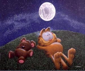 Puzzle Garfield reposent sous le clair de lune avec son grand ami d'un ours en peluche Pooky