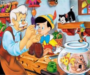 Puzzle Gepeto, le vieux menuisier, peintant sa nouvelle marionnette en bois, Pinocchio, sous le regard de le chat Figaro