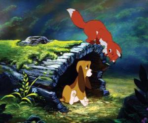 Puzzle Grands amis d'enfance, le renard Rox et le chien de chasse Rouky dans Rox et Rouky