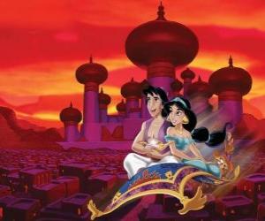 Puzzle Jasmine et Aladdin, le couple sur la ville sur le tapis magique