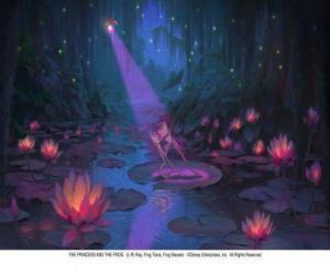 Puzzle La grenouille et le crapaud Naveen danse Tiana dans l'étang illuminé par les rayons luciole