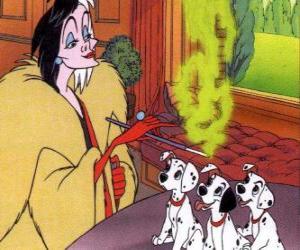 Puzzle La méchante Cruella De Vil avec trois chiots dalmatien