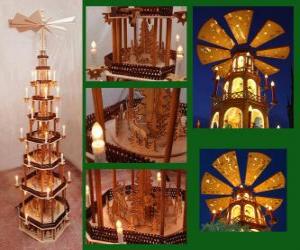 Puzzle La pyramide de Noël est une tradition en Allemagne et la République tchèque. Un petit carrousel en bois avec une hélice qui tourne à cause de la chaleur des bougies, décorée avec des thèmes de Noël