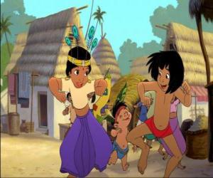 Puzzle Mowgli et Shanti, son ami danse dans le village