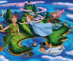 Puzzle Peter Pan, Wendy, John et Michael voleant dans le ciel de pays imaginaire