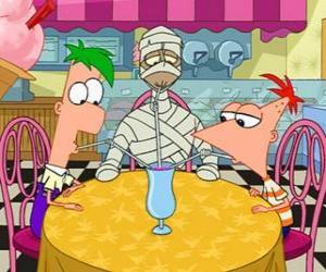 Puzzle Phineas et Ferb partager un verre avec une momie