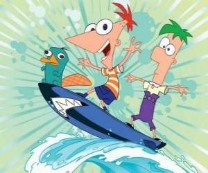 Puzzle Phineas, Ferb et Perry en surfant sur une vague avec une table décorée avec le visage d'un requin