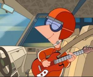 Puzzle Phineas, jouer de la guitare, pendant que vous conduisez dans une course de voiture