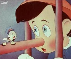 Puzzle Pinocchio avec un long nez à cause de son grand nombre de mensonges à côté de son ami et conseiller Jiminy Cricket