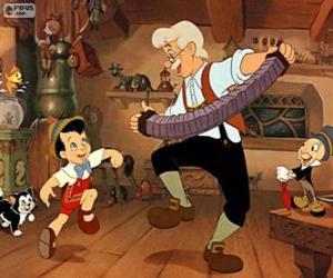 Puzzle Pinocchio et Geppetto en dansant heureux de célébrer ce Pinocchio est un vrai petit garçon
