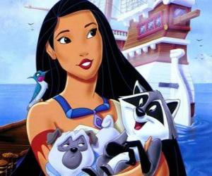 Puzzle Pocahontas avec amigitos et le navire du capitaine John Smith en arrière-plan