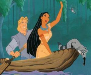 Puzzle Pocahontas et John dans un canoë avec son animal de compagnie Meeko
