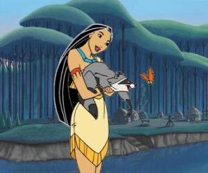 Puzzle Pocahontas jouant avec son animal de compagnie, le raton laveur Meeko