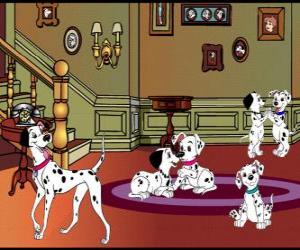 Puzzle Pongo à côté de leur chiots dalmatien