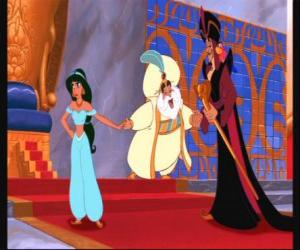 Puzzle Princesse Jasmine avec son père, le Sultan, et Jafar, la salle du trône