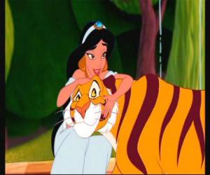 Puzzle Princesse Jasmine avec son animal de compagnie, le tigre Rajah, sur les jardins de palais