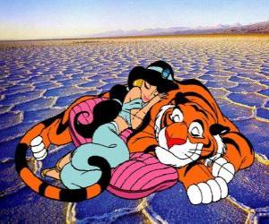 Puzzle Princesse Jasmine dort étreindre son animal de compagnie, le tigre Rajah