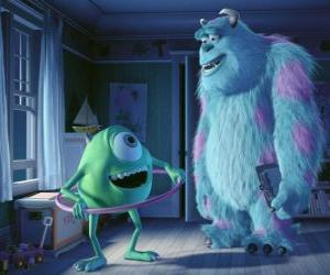 Puzzle Sulley et son ami Mike dans le monde humain, la bouche ouverte avec des jouets.