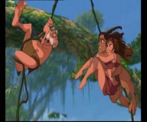 Puzzle Tarzan, Jane et Porter son père suspendu à la vigne qui ont été laissés après avoir décidé de vivre dans la jungle