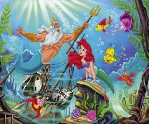 Puzzle The La petite sirène Ariel parlant à son père, le roi Triton, avec ses six sœurs et leurs amis Flounder le poisson et Sébastien le crabe