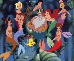 Puzzle The La petite sirène Ariel parler à son père, le roi Triton, ses six sœurs et ses amis Flounder le poisson et le crabe Sébastien