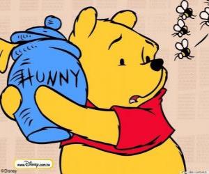 Puzzle Winnie l'ourson avec un pot de miel d'abeilles en dehors d'une