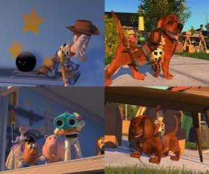 Puzzle Woody découvre que la mère d'Andy organise une vente de garage et prend des pièces anciennes. Woody se faufile dans le jardin avec l'aide d'un chien d'Andy, Buster, mais laissé accidentellement dans le jardin