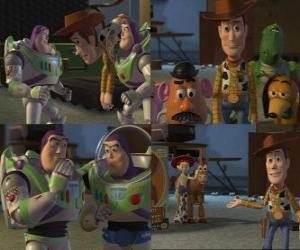 Puzzle Woody est réuni avec ses amis, mais dit de ne pas rentrer à la maison par Andy, si elle n'est pas aller au musée avec ses nouveaux amis.