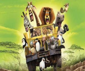 Puzzle Alex, le lion volant d'une jeep avec ses amis, Gloria, Melman, Marty et les autres protagonistes de l'aventure