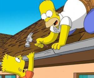 Puzzle Bart est suspendu au toit quand il a aidé son père Homer réparation