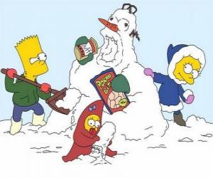 Puzzle Bart, Lisa et Maggie faire un bonhomme de neige