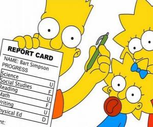 Puzzle Bart Simpson avec des notes de l'école sous le regard vigilant de leurs sœurs