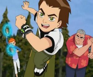 Puzzle Ben 10 avec l'horloge extraterrestre Omnitrix dans la poignete avec son cousine Gwen et leur grand-père Max