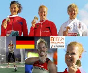 Puzzle Betty Heidler champion au lancer du marteau, Tatiana Lysenko et Anita W&#322;odarczyk (2e et 3e) de l'athlétisme européen de Barcelone 2010