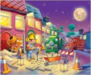 Puzzle Bob et ses amis à trabajano nuit, la réparation d'une rue de ville