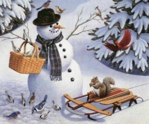 Puzzle Bonhomme de neige avec un écureuil et plusieurs oiseaux autour de