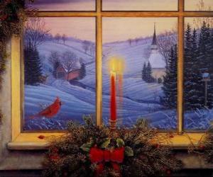 Puzzle Bougie de Noël allumée devant une fenêtre