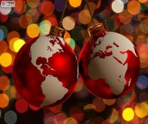 Puzzle Boules de Noël décoré avec la carte du monde
