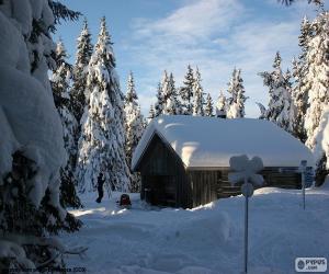 Puzzle Cabine de bois, une tempête de neige