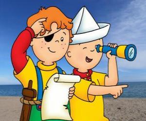 Puzzle Caillou et Léo en jouant des pirates et à la recherche d'un trésor avec la carte