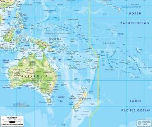 Puzzle Carte de l'Océanie. Continent formé par l'Australie et d'autres îles et archipels de l'océan Pacifique